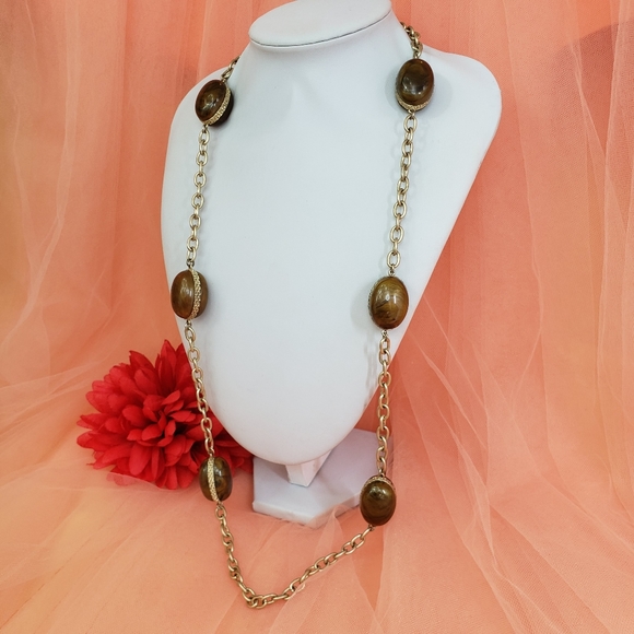 Baskin Brothers Brown Lucite Bead Statement Necklace 34" Long Gold Tone Chain - Picture 2 of 9